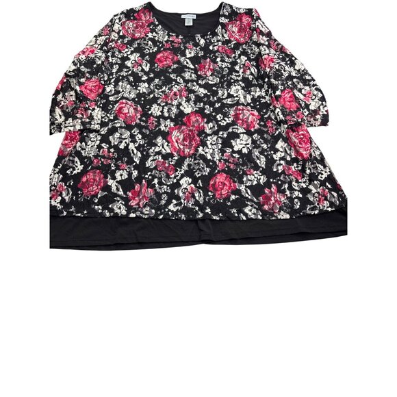 Catherines Womens Floral Lace Overlay Tunic Top Size 2X 22/24W Black White Pink - Picture 3 of 8